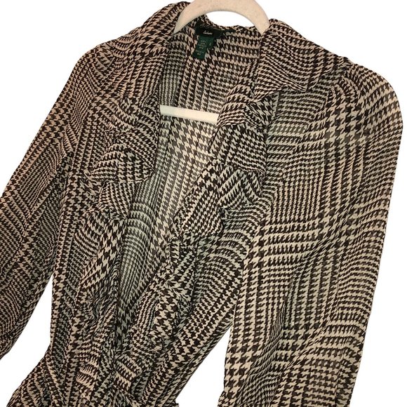 Ralph Lauren Exclusive brown HOUNDSTOOTH ruffle trim true wrap top 6 sem… - Picture 4 of 4
